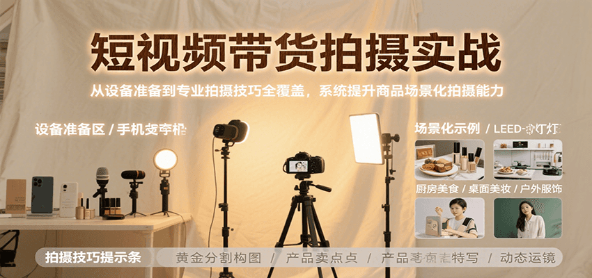 短视频带货拍摄实战技巧：从零基础到专业场景化布光剪辑