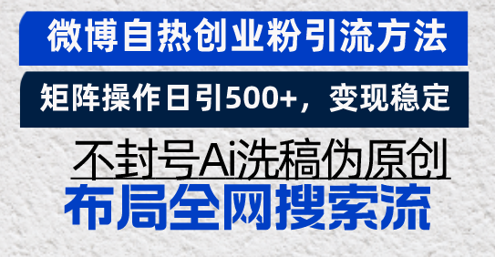 微博自热创业粉引流方法，矩阵操作日引500+，变现稳定，不封号Ai洗稿伪…-小肥鱼网创-十年互联网创业实战派 | 专注精准流量获取与转化
