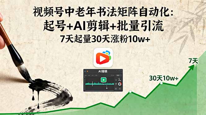 中老年书法视频号矩阵运营实战：AI剪辑+批量引流7天快速起号30天稳定涨粉10万变现秘籍
