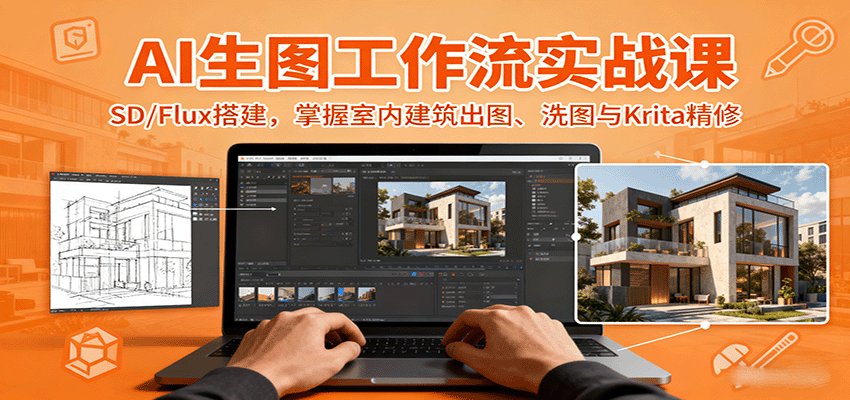 掌握AI生图技术：SD/Flux搭建室内建筑出图与Krita精修实战课，提升效率300%