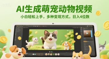 AI生成萌宠动物视频，小白轻松上手，多种变现方式，日入4位数-小肥鱼网创-十年互联网创业实战派 | 专注精准流量获取与转化
