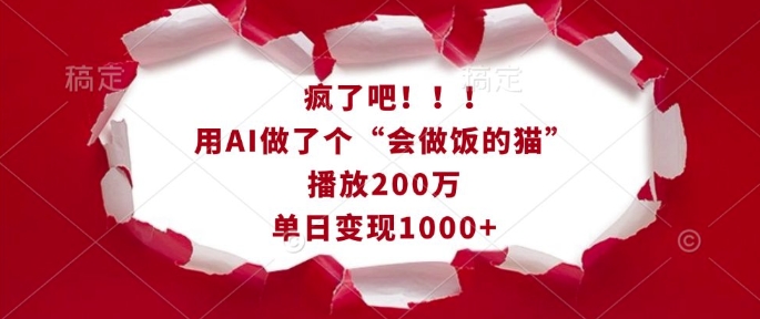 疯了吧！用AI做了个“会做饭的猫”，播放200万，单日变现1k-小肥鱼网创-十年互联网创业实战派 | 专注精准流量获取与转化